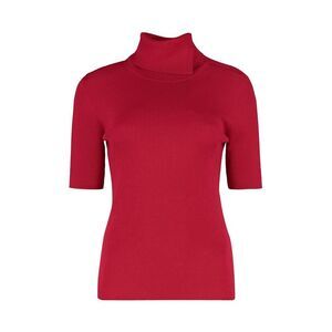 PAROSH Ribbed Knit Mock Neck Top with Short Sleeves Women RED Sweaters &